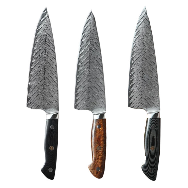 KINGWISE 8" Carbon Steel Damascus Chef Wood Handle Feather Pattern Japanese Salmon Sushi Cleaver Eco-Friendly Home Kitchen Tools