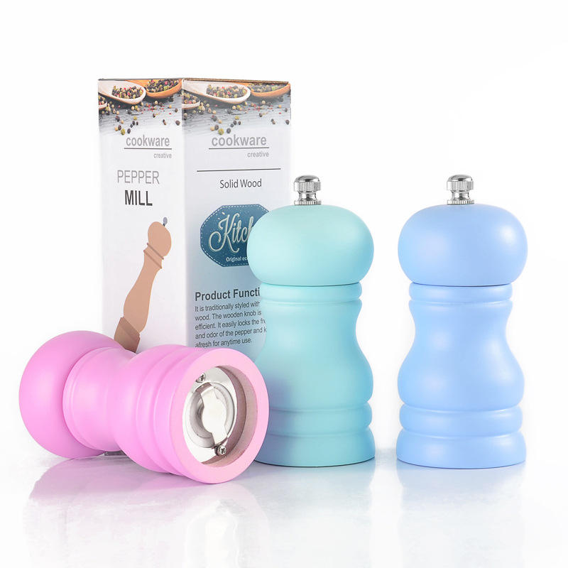 Kingwise Household Ceramic Core Pepper Bottle Shaker Kit Wooden Mini Manual 2 in 1 pink Salt and Pepper Mill Spice Grinder Set