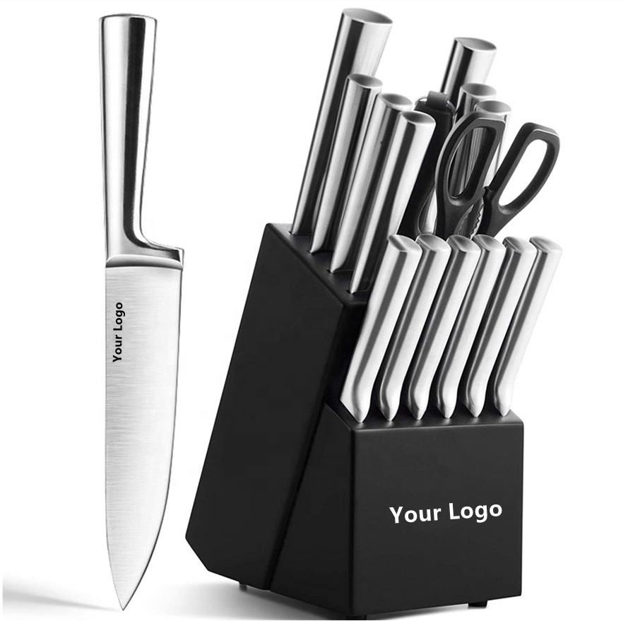 KINGWISE Christmas Space Black Valentine Gift 16 Piece Stainless Steel Chef Kitchen Knife Set with Wooden Block