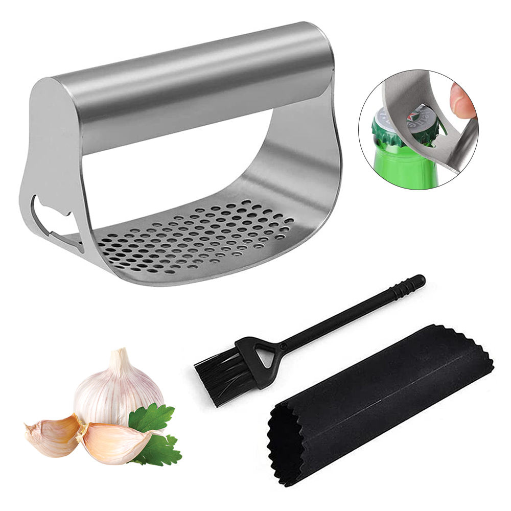 Kitchen Accessories 3-Piece Metal Garlic Press & Crusher Manual 304 Stainless Steel Dishwasher Safe Garlic Cutter Silicone Peele