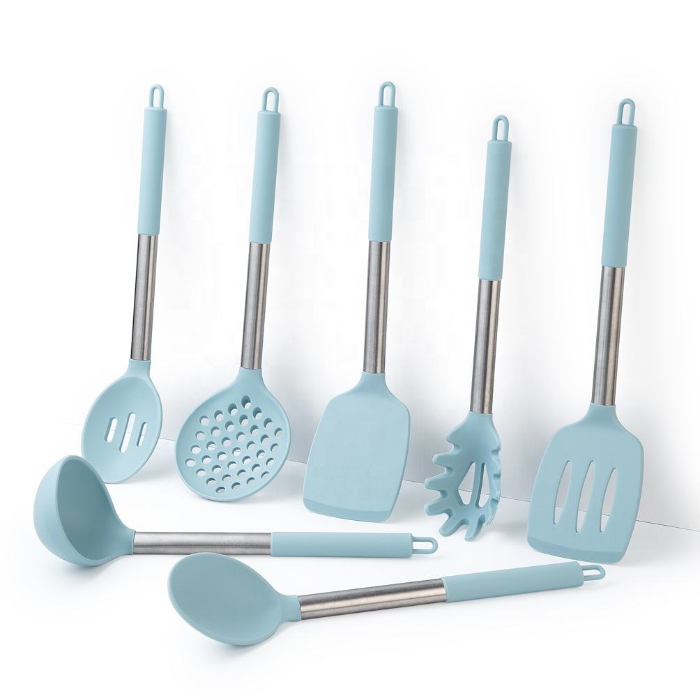 Premium Customized 7-Piece Nordic Kitchenware Accessory Set Blue Silicone Cooking Tools with Stainless Steel Handle Home Kitchen