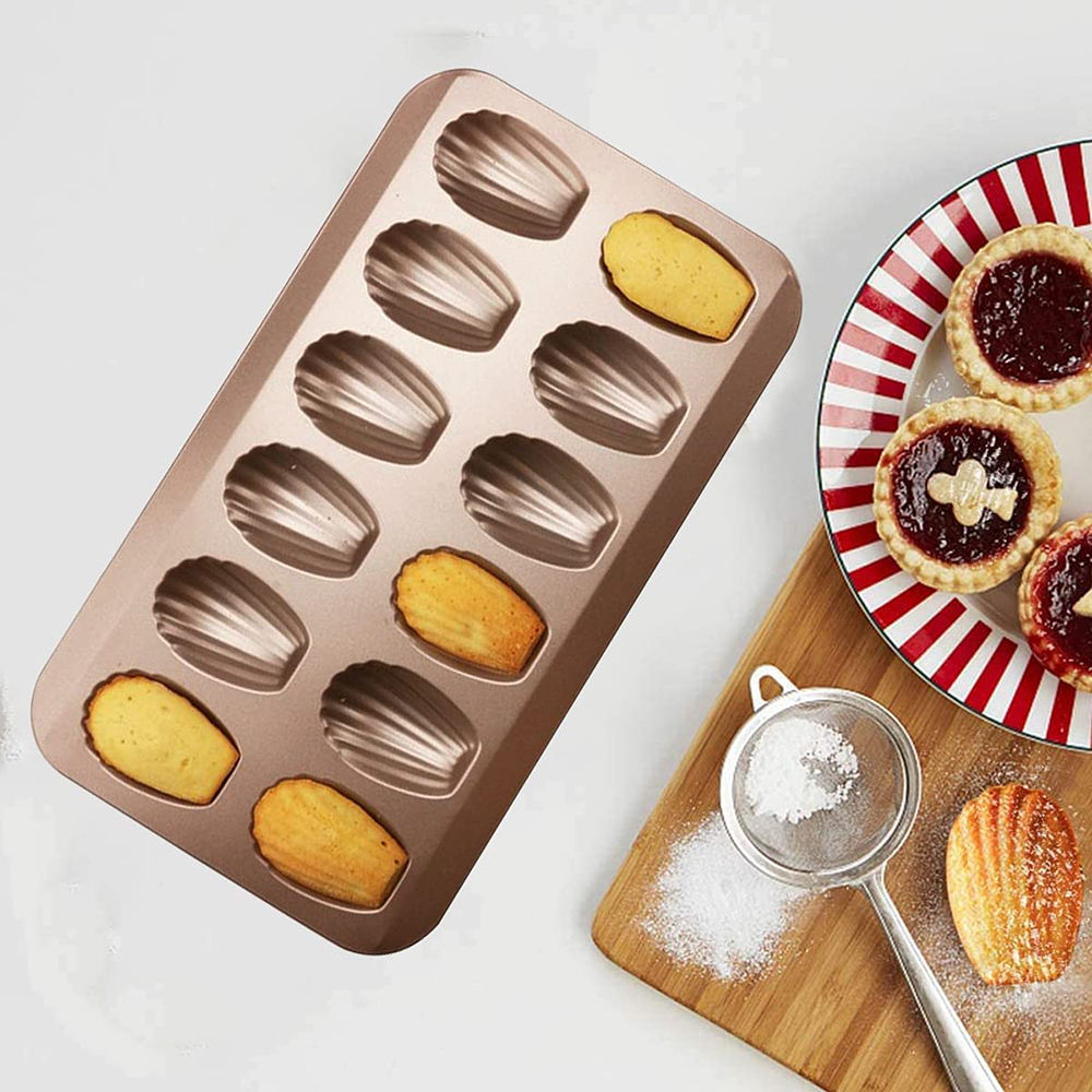 KINGWISE 12-Cup Rectangular Steel Moulds Nonstick Coating Gold Muffin Madelein Cookie Tray Pan Food Grade Rose-Shaped Cake Tool