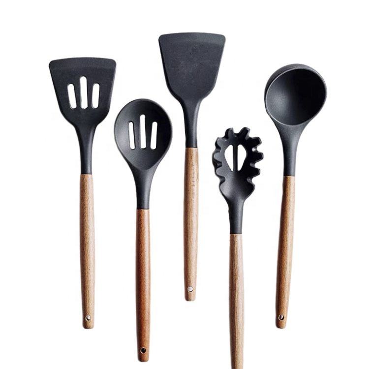 5-Piece Kitchen Accessories Set Acacia Wood Utensil with Silicone Spatula and Ladle Home Kitchen Essentials Dishwasher Safe