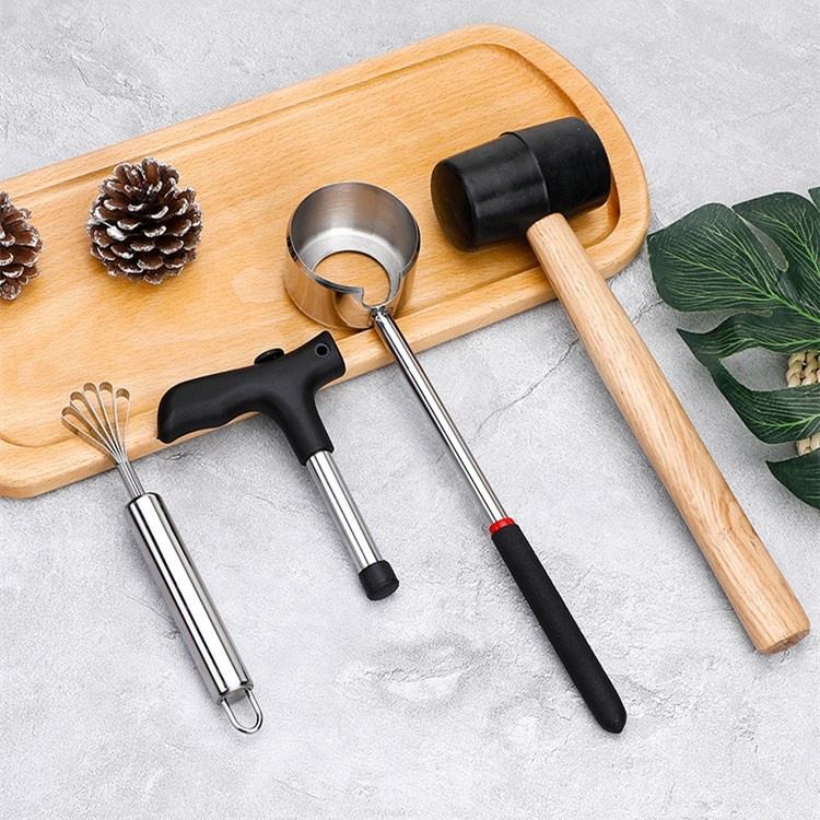 Kingwise Creative Fresh Coconut Opening Tools Set 4 Pieces Corkscrew Opener Stainless Steel Coconut Shell Opener and Grater Set
