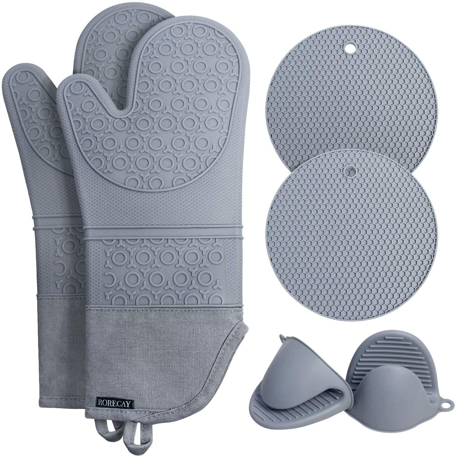 Kingwise Eco-Friendly Silicone Oven Gloves Cotton Lining Printed Design Heat Resistant Microwave Dishwasher Safe for Baking BBQ