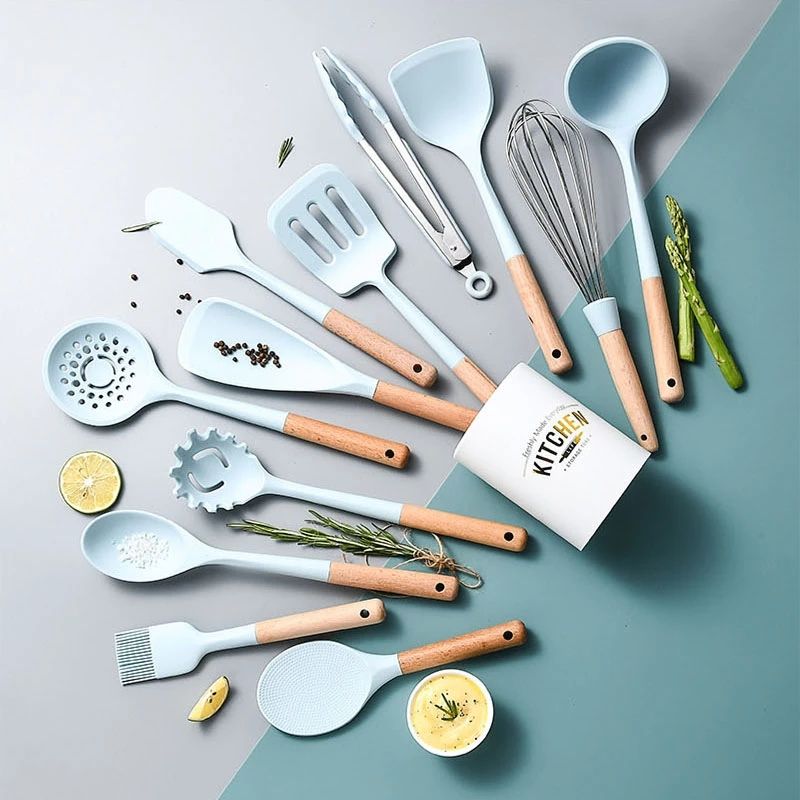KINGWISE 12-Piece Non-Stick Silicone Kitchen Utensil Set with Wooden Handle Heat Resistant Cooking Tool Set